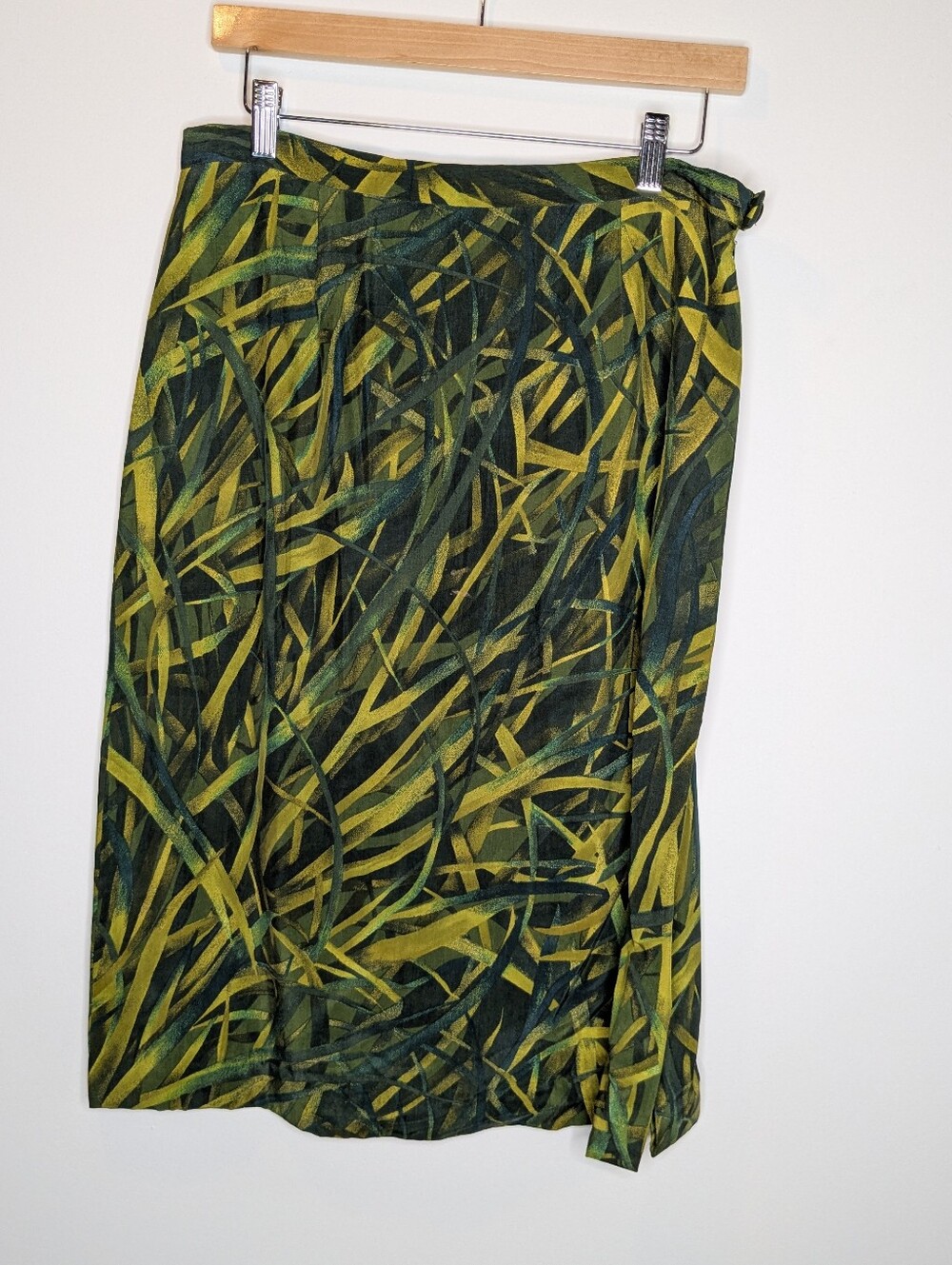 Vintage Green & Yellow Botanical Grass Print Midi Skirt Size 12